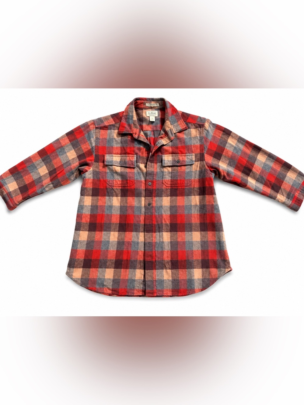LL Bean Chamois Shirt Men Large Reg Apple Cinnamon Plaid Flannel Traditional Fit